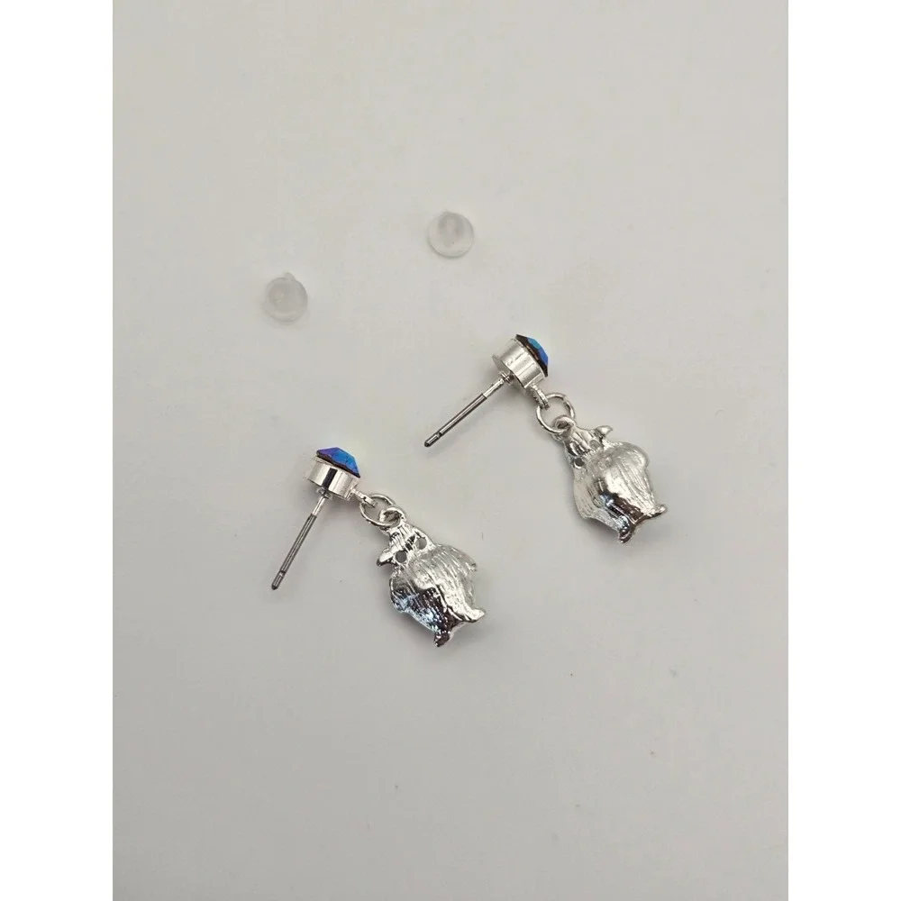 Silver-Toned Iridescent Crystal Penguin Dangle Earrings winter animal‎ fun cute